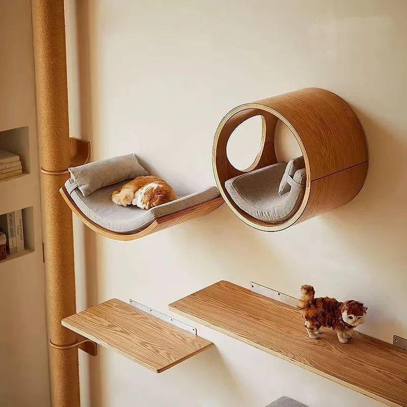 Wall Mounted Cat Climbing Shelves Wooden Cat Tree and Perches Scratcher Sisal Ladder Indoor Cats Hammock and House Pet Furniture