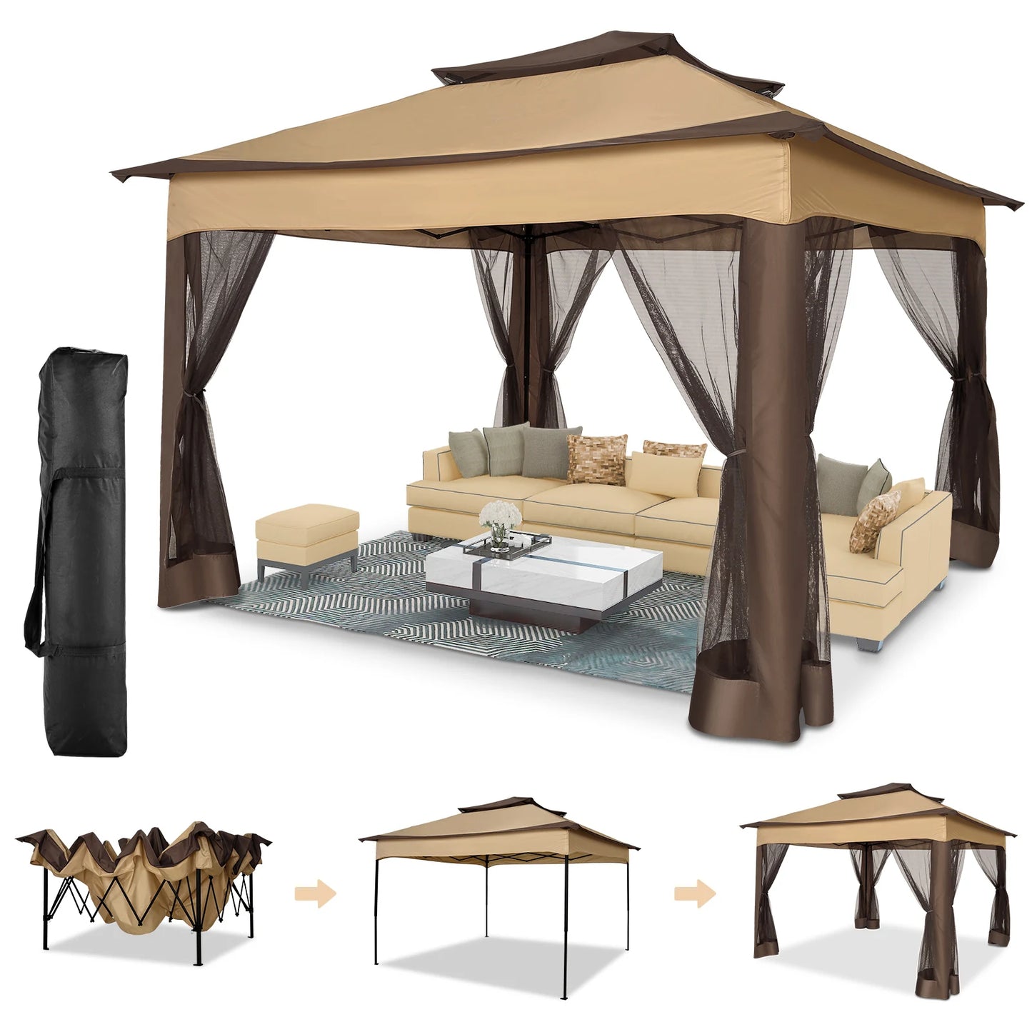10x10ft Pop Up Canopy Gazebo Tent Outdoor Pavilion Waterproof Portable Sunshade Shelter One Push Center Lock For Yard Garden