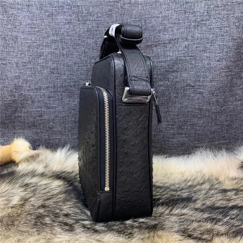 Exotic Real True Ostrich Skin Men's Small Casual Flap Purse Genuine Leather Single Cross Shoulder Bag Male Leisure Messenger Bag