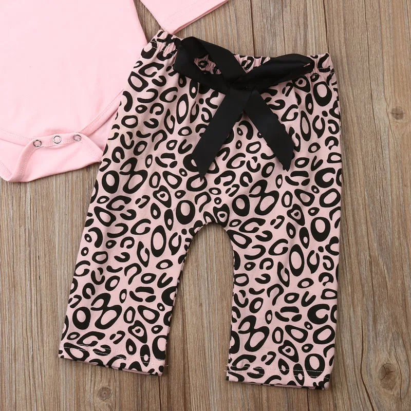 Pudcoco US Stock Fashion 0-18M Newborn Baby Girls Clothes Pink Long Sleeve Romper Tops+Leopard Bowknot Pants 3PCS Outfit Set
