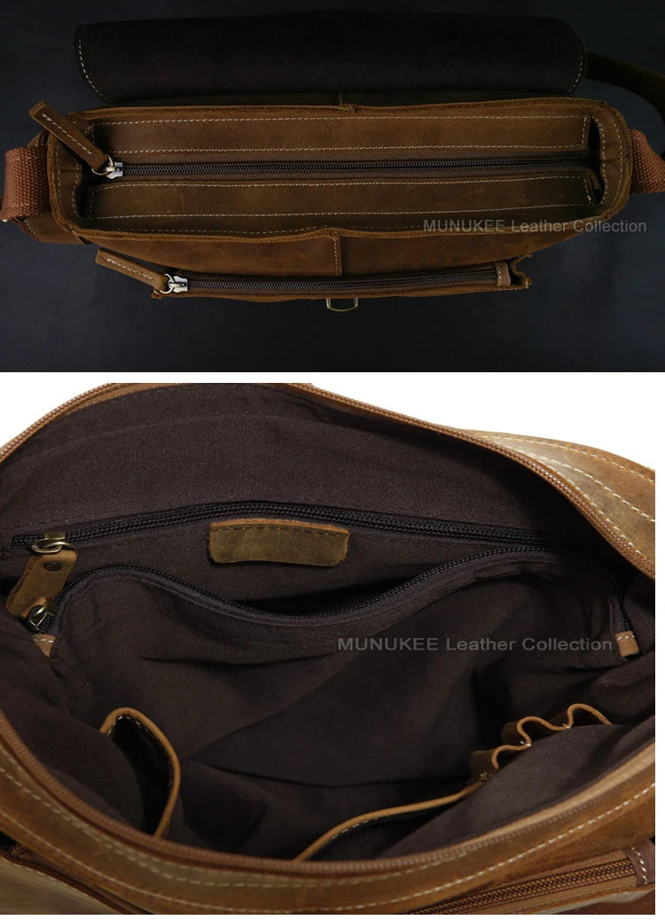 Vintage Men's Crazy Horse Leather Messenger Bag Genuine Leather Shoulder Bag Crossbody Bag Sling Casual Bag Brown Free ship 223