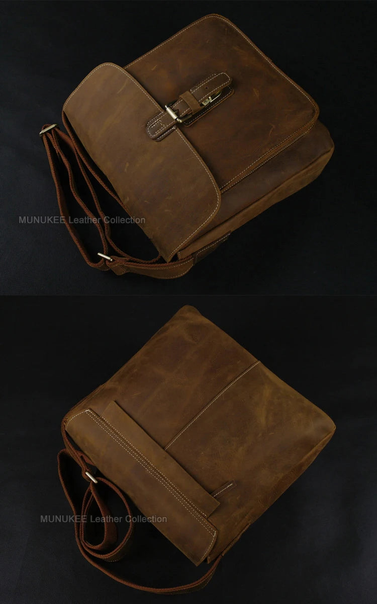 Vintage Men's Crazy Horse Leather Messenger Bag Genuine Leather Shoulder Bag Crossbody Bag Sling Casual Bag Brown Free ship 223