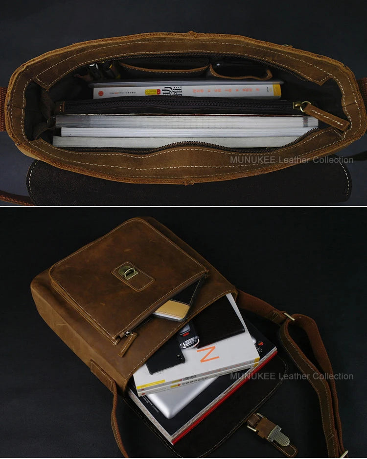 Vintage Men's Crazy Horse Leather Messenger Bag Genuine Leather Shoulder Bag Crossbody Bag Sling Casual Bag Brown Free ship 223
