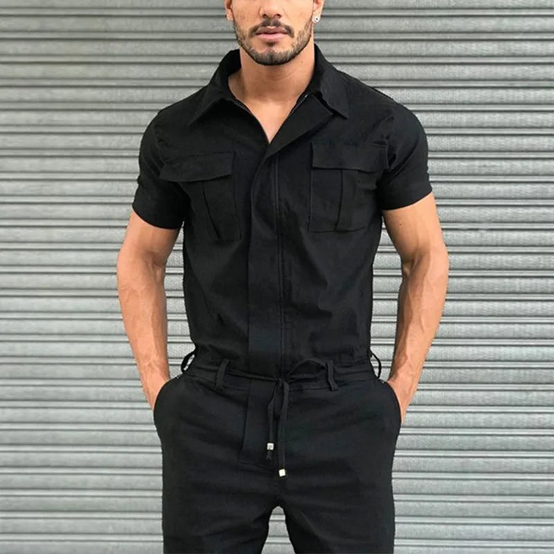 New Men Pants Casual One-piece Suit Spring Summer Men Fashion Jumpsuits Short Sleeve Belt Men Clothing Solid Jumpsuits