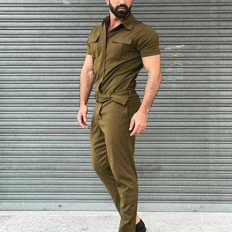 New Men Pants Casual One-piece Suit Spring Summer Men Fashion Jumpsuits Short Sleeve Belt Men Clothing Solid Jumpsuits