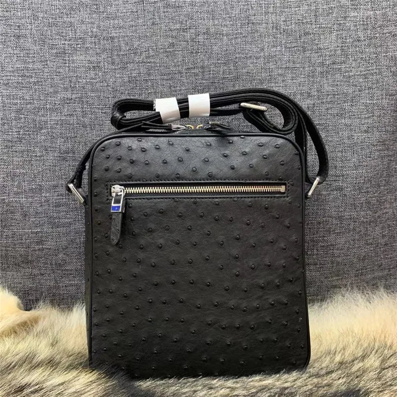 Exotic Real True Ostrich Skin Men's Small Casual Flap Purse Genuine Leather Single Cross Shoulder Bag Male Leisure Messenger Bag