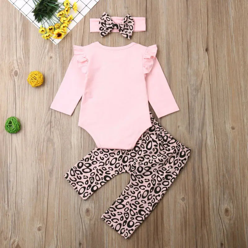 Pudcoco US Stock Fashion 0-18M Newborn Baby Girls Clothes Pink Long Sleeve Romper Tops+Leopard Bowknot Pants 3PCS Outfit Set