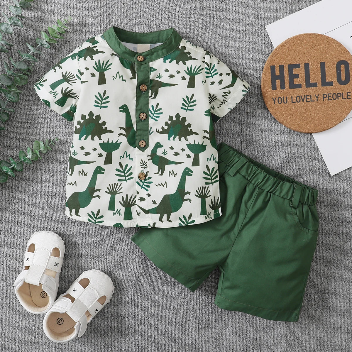 2021-04-02 Lioraitiin 0-5Years Toddler Boy 2Pcs Summer Outfits Short Sleeve Button Down Shirt Solid Elastic Waist Shorts Set