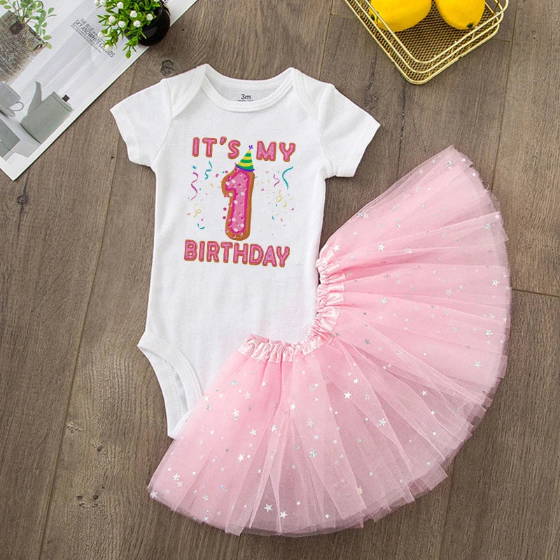 First Birthday Baby Girl Birthday Party Dress Cute Pink Tutu Cake Dresses + Romper Outfits Toddler Girls Summer Clothes Jumpsuit