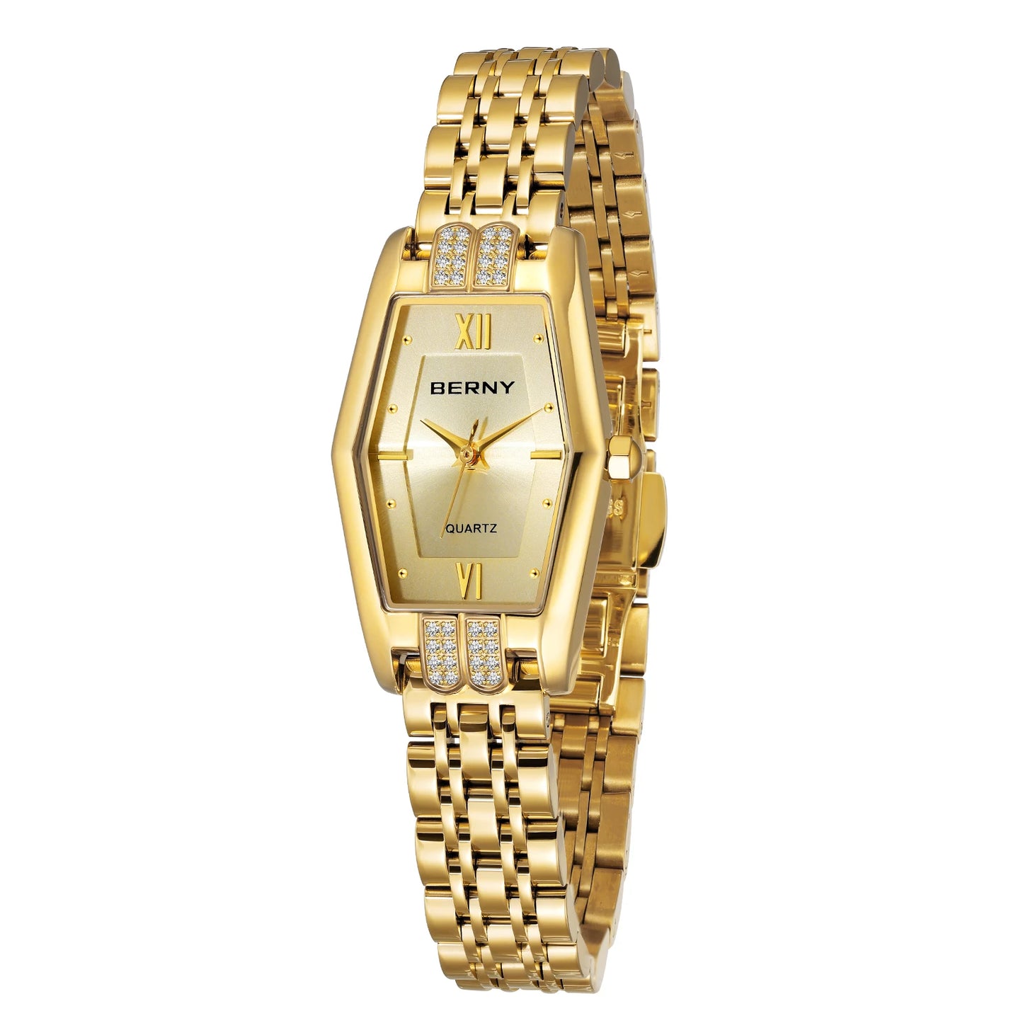 BERNY Gold Watches for Women Elegant Dainty Hexagon Ladies Quartz Wrist Watches Stainless Steel Band Fashion Luxury Bracelet