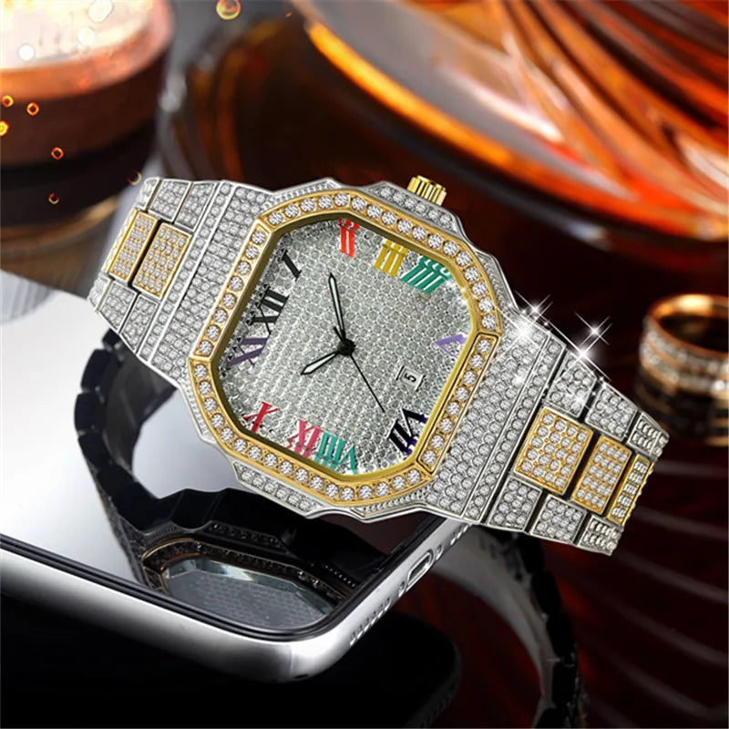 Original Big Brand Watches For Men Fashion Casual Alloy Band Hip Hop Diamond Luxury Golden Date Quartz Watch Relogio Masculino