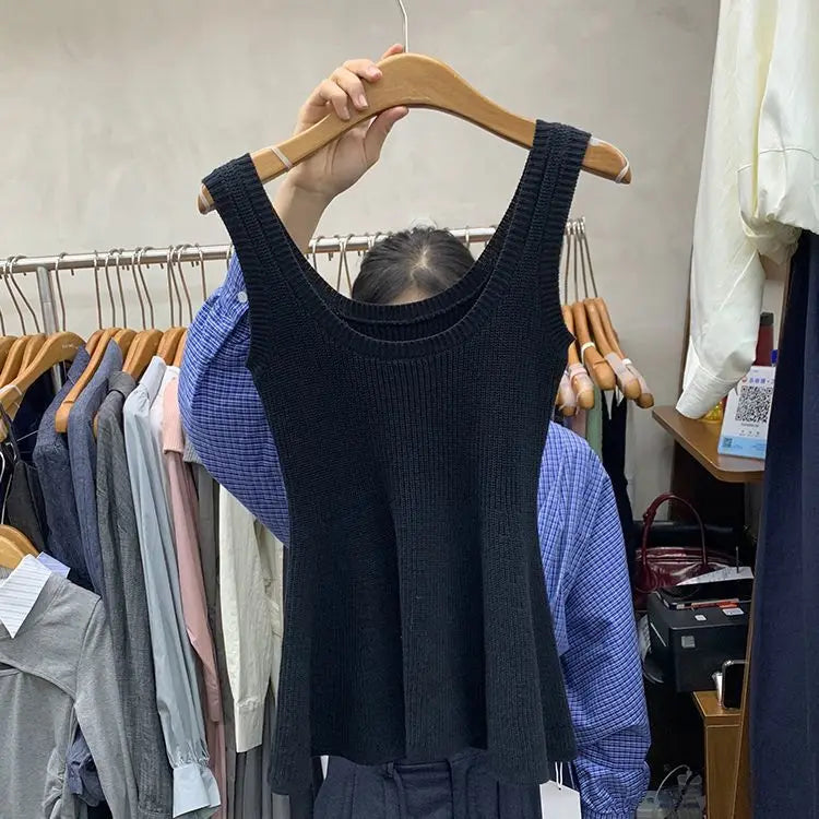 Women Clothing Summer Fashion Casual Simplicity All-match Fashionable Solid Color O-neck Waist Fish Tail Sleeveless Camisole Top