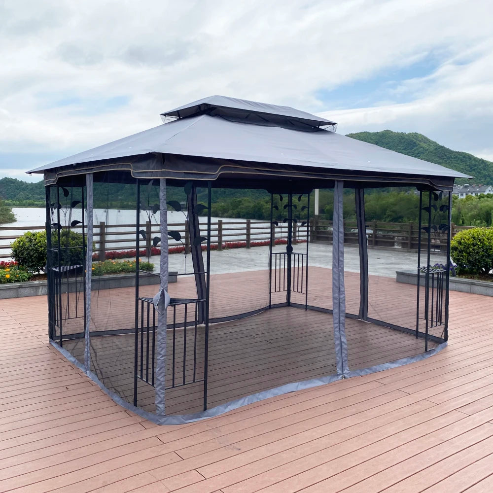 Large Space Outdoor Patio Canopy Tent Gray Top Ventilated Double Roof Mosquito Net Detachable Mesh Screen Lawn Garden Backyard