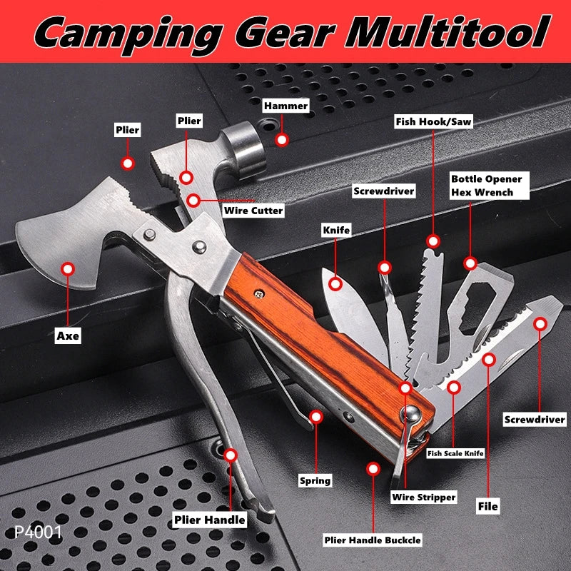 Camping Gear Multitool,Survival Gear for Outdoor Hunting Hiking, Emergency Escape Tool with Axe,Hammer,Plier,Knife,Bottle Opener