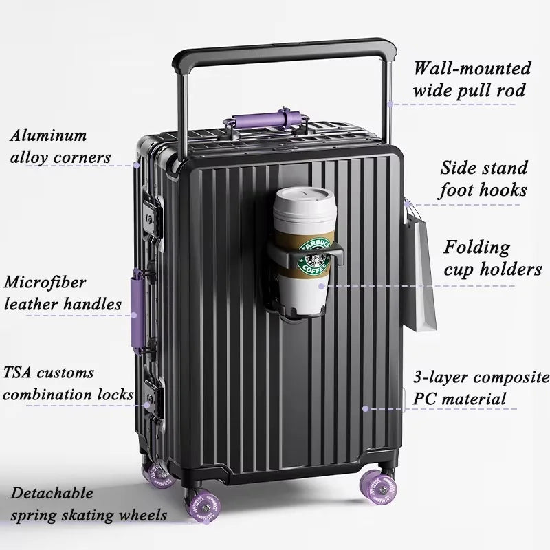 New Aluminum Frame Wide Handlebar Rolling Luggage Large Capacity Trolley Suitcase with Colorful Silent Spinner Wheels TSA Lock