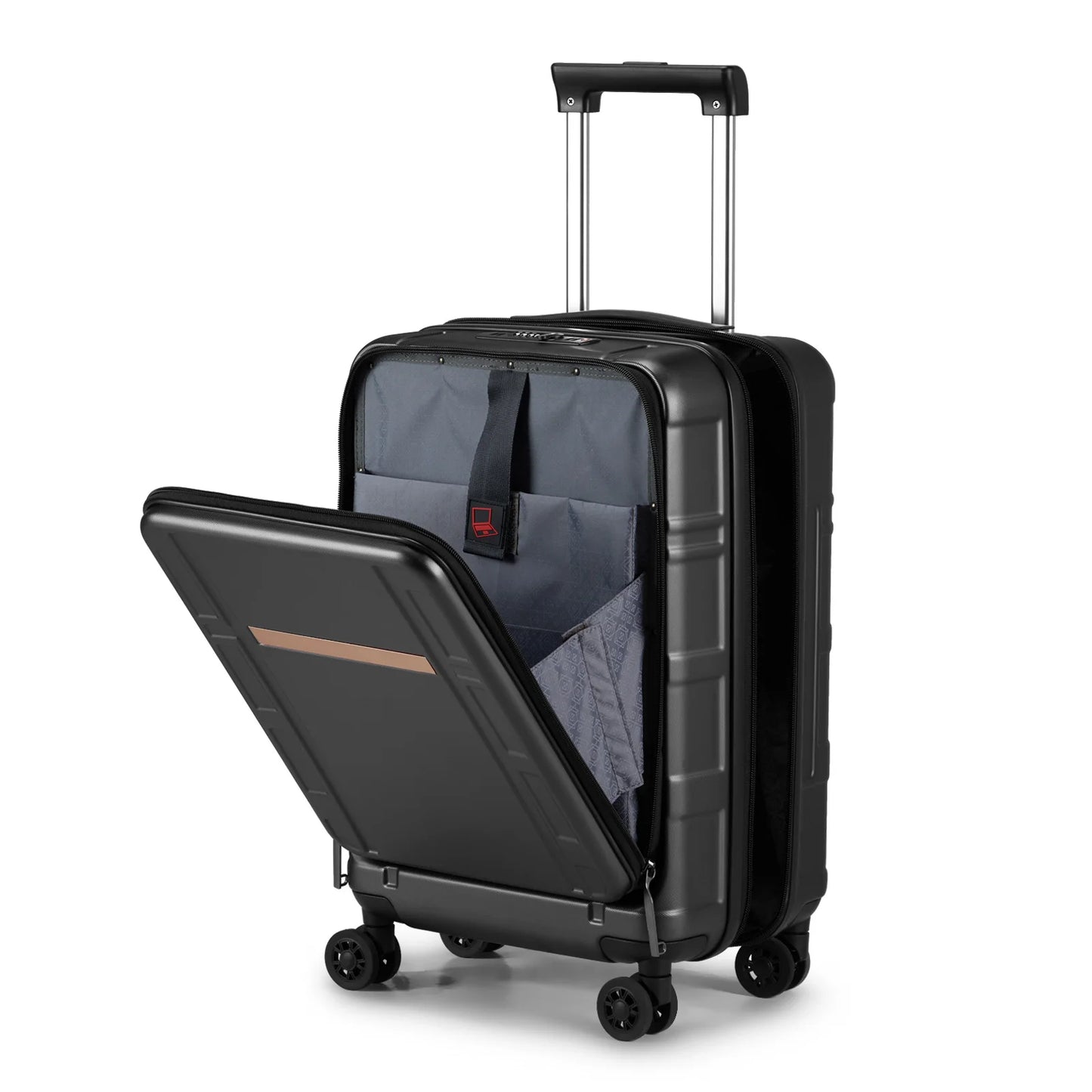 22 X 14 X 9 Airline Approved, ABS+PC 20 Inch Luggage with Front Compartment, Double Spinner Wheels, TSA Lock,Black Color