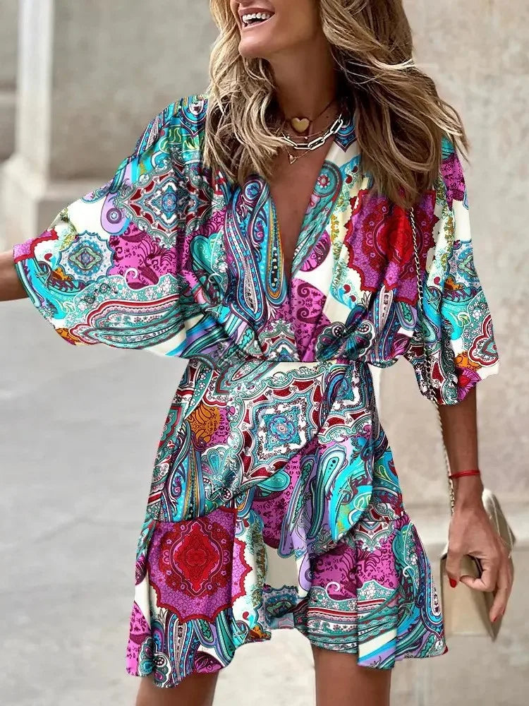 Spring Summer Women's Clothing New Sexy V-neck Fashionable Seven Inch Bat Sleeve Irregular Hem Dress Women's Clothing