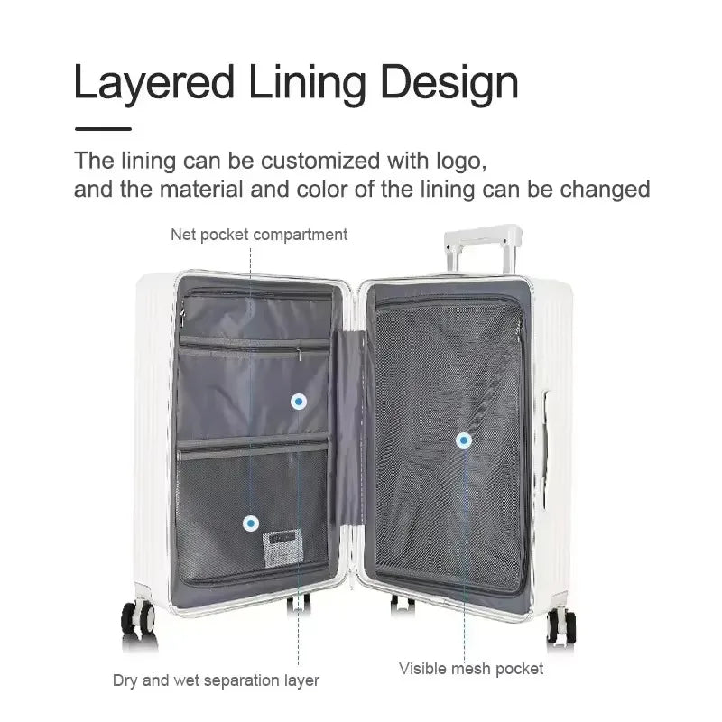 20/22/24/26‘’ Front Opening Suitcase Travel Rolling Luggage Aluminum Alloy Trolley PC Case with Spinner Wheel USB charging Plug
