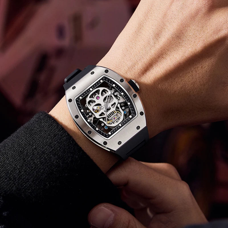 Fashionable Automatic Movement Mechanical Watch for Men Hollow Design High Quality Waterproof Mens Stylish Tonneau Rel