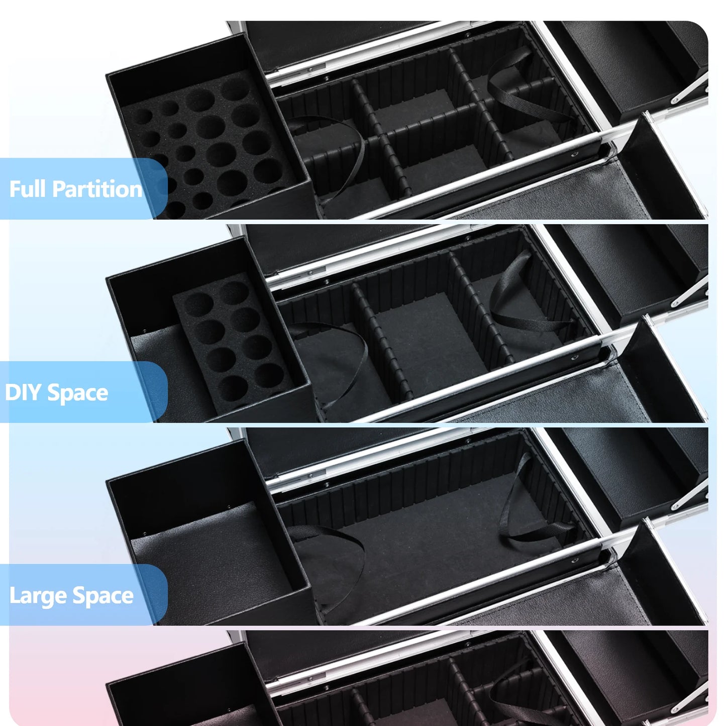 Rolling Makeup Train Case Large Storage Cosmetic Trolley 4 Tray with Sliding Rail Removable with Key Wheels Traveling Cart Trunk