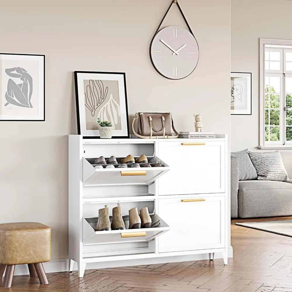 Narrow Shoe Cabinet with 4 Flip Drawers, Metal Slim Shoe Storage Cabinet for Entryway, Freestanding Hidden Shoe Rack Organizer