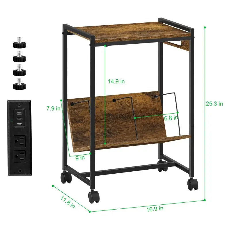 Record Player Stand with Vinyl Storage Side Table, 2 Tier with Charging Station Record Player Table for Living Room Bedroom