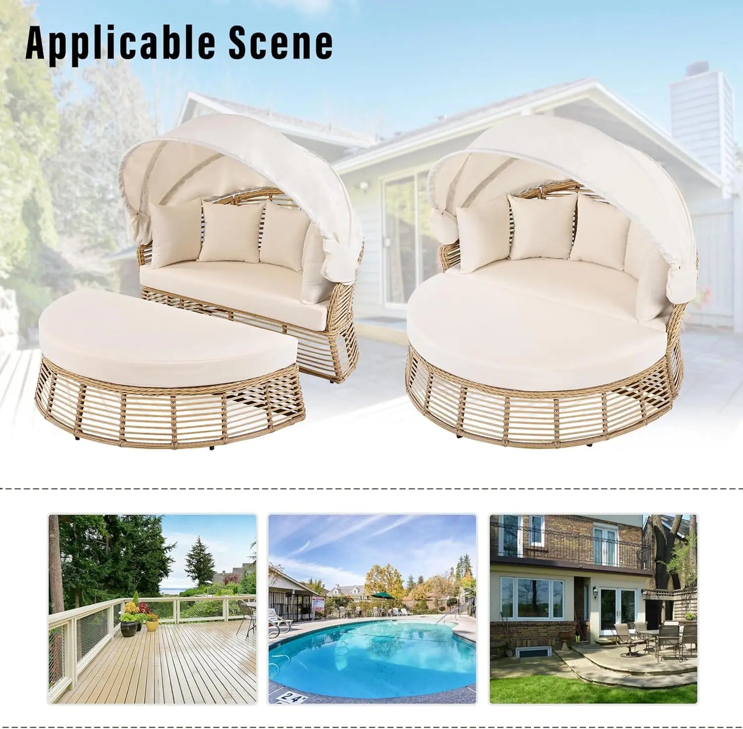 Patio Rattan Round Daybed with Retractable Canopy Wicker Sofa Sunbed with Removable Cushionsfor Outdoor Backyard Porch Lawn Gard
