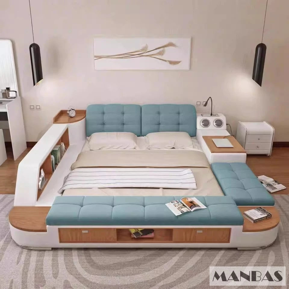 MINGDIBAO Tech Smart Bed Frame | Cloth Multifunctional Ultimate Bed with Tatami, USB and Speaker | Fabric Upholstered Camas