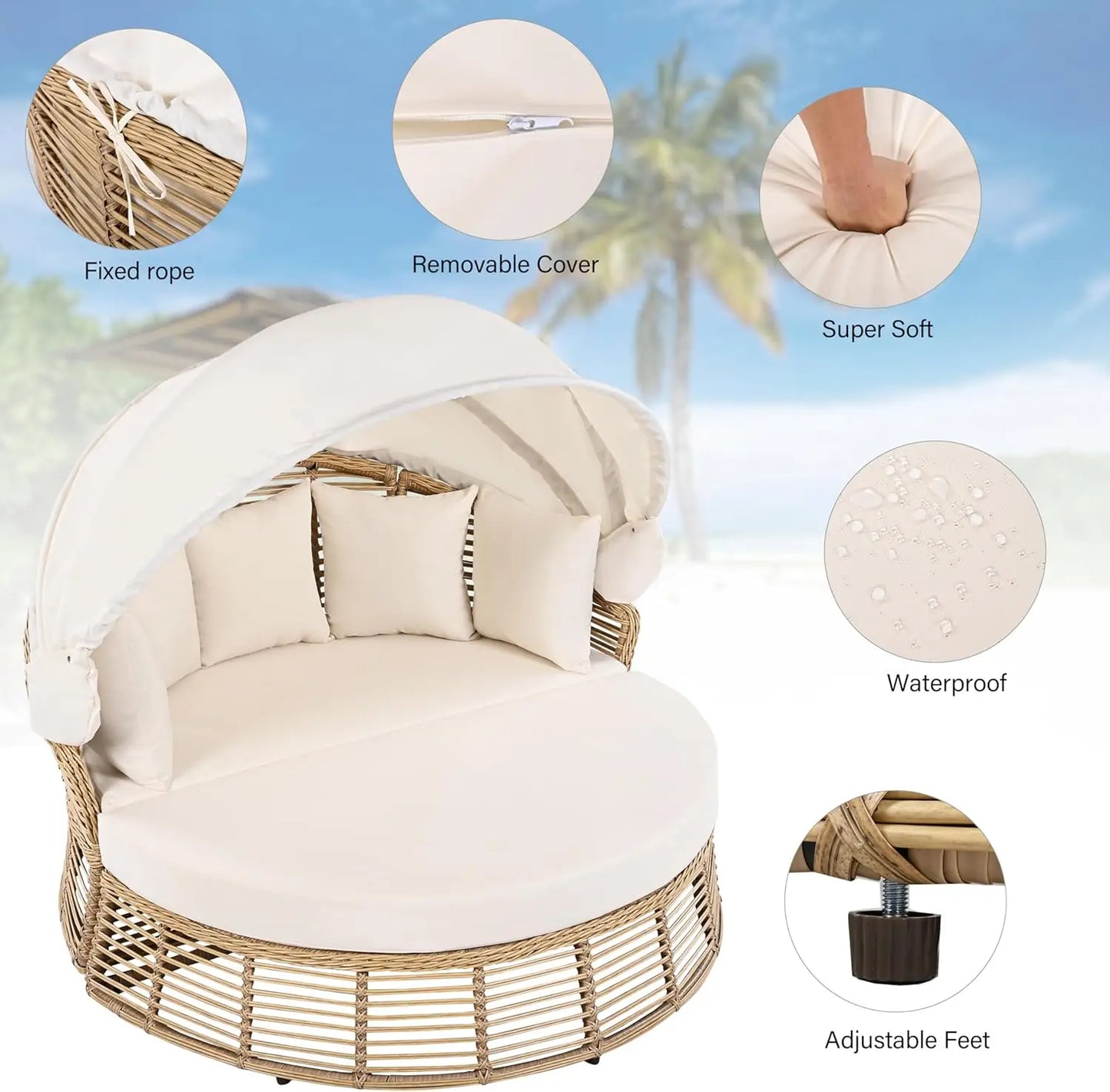 Patio Rattan Round Daybed with Retractable Canopy Wicker Sofa Sunbed with Removable Cushionsfor Outdoor Backyard Porch Lawn Gard