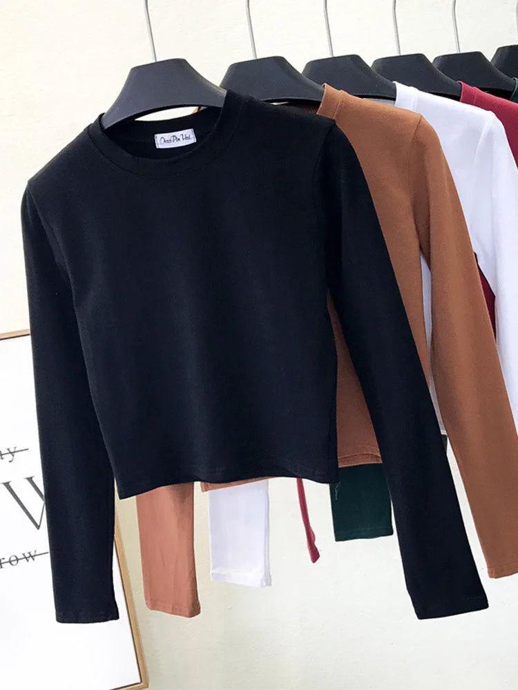 Sexy Black Women's Clothing O-Neck Long Sleeve Navel Autumn Base Women's Clothing Fashion Casual Ropa Mujer