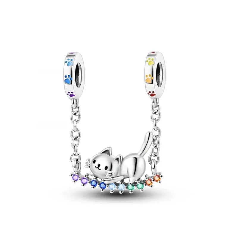 New 925 Silver Horseshoe Clover Star Cat Charm True eyes Pendant Safety Chain Bead Fit Original Bracelet Jewellery Gift dragon