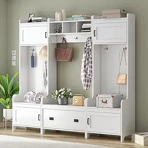ON-TREND Wide Design Hall Tree with Storage Bench, Minimalist Shoe Cabinet with Cube Storage & Shelves, Multifunctional Coat Rac