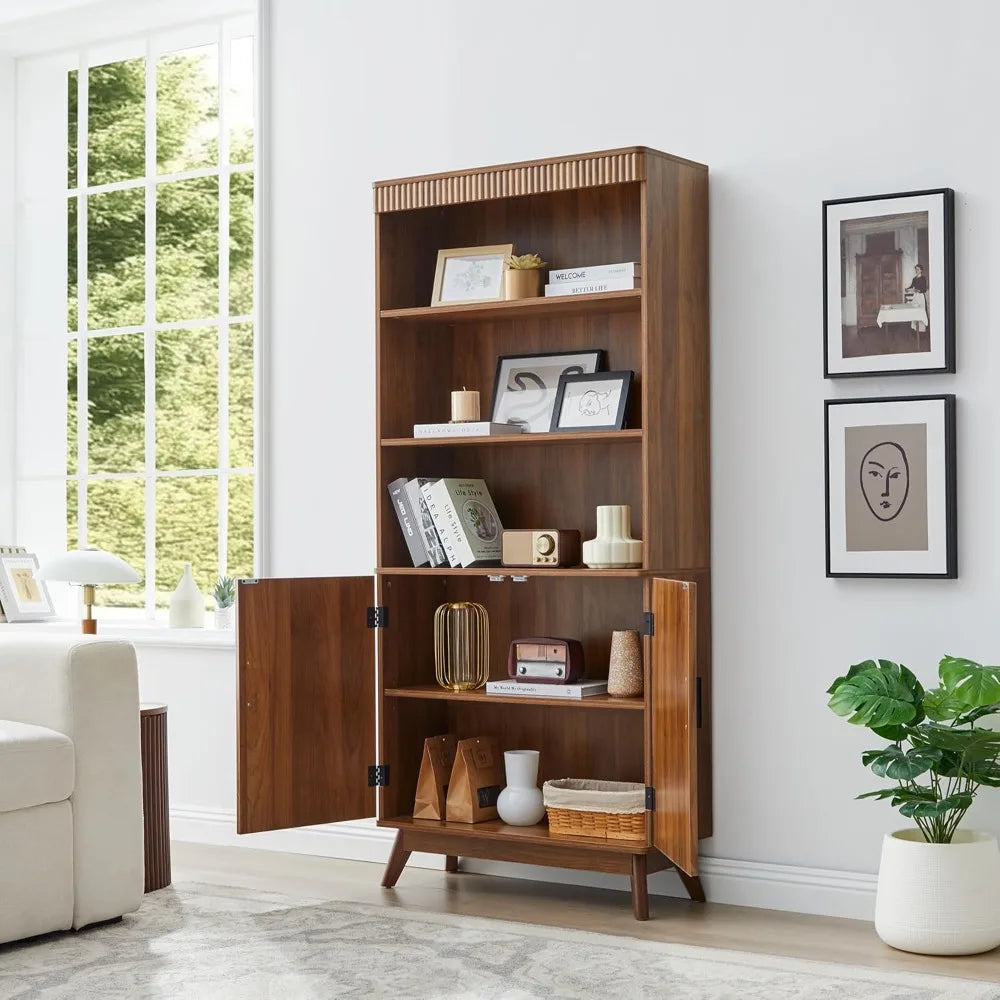 68" Fluted Tall Bookcase with Storage Cabinet,Mid-Century Modern 5-Tiers Arched Bookshelf Cabinet with Doors
