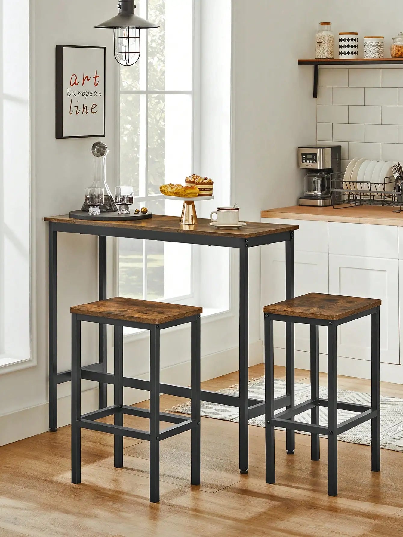 VASAGLE Dining Table Set, Bar Table with Stools, Breakfast Bar Table, 2 Stools, Industrial Steel Frame, Rustic Brown/Black