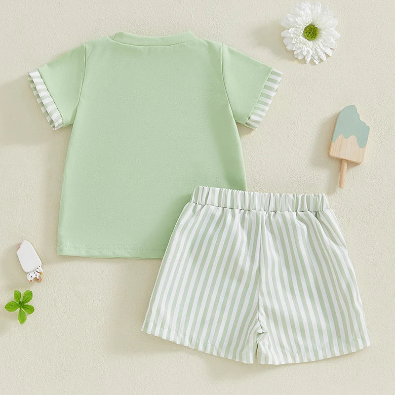2024-11-30 Lioraitiin Toddler Baby Boy Shorts Set O-Neck Short Sleeve T-shirt Striped Elastic Waist Shorts 2Pcs Summer Outfit