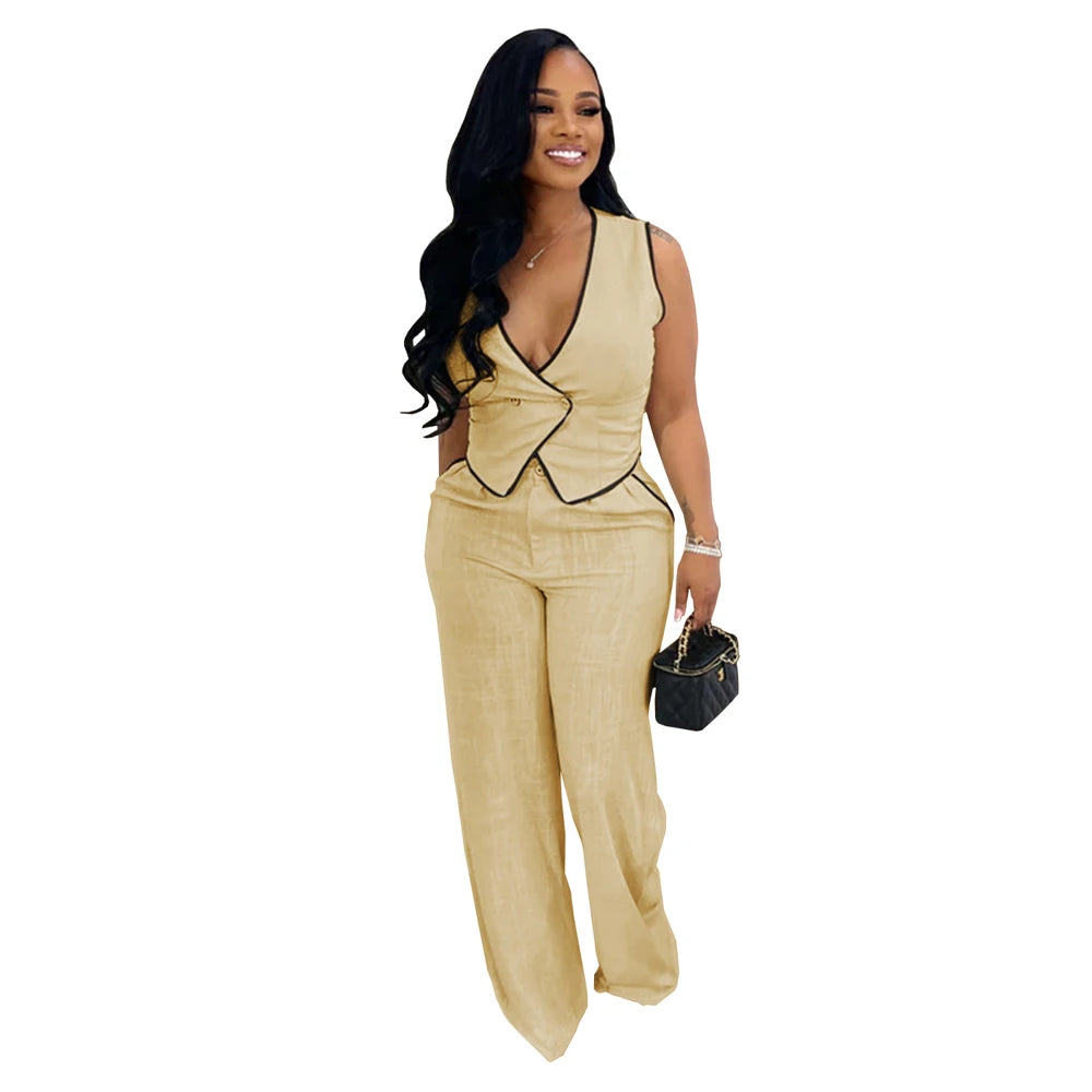 Women Clothing Fashion Elegant Sets Casual V-Neck Button Down Tops and Long Pants Suit 2025 Summer Loungewear 2piece Set Outfits