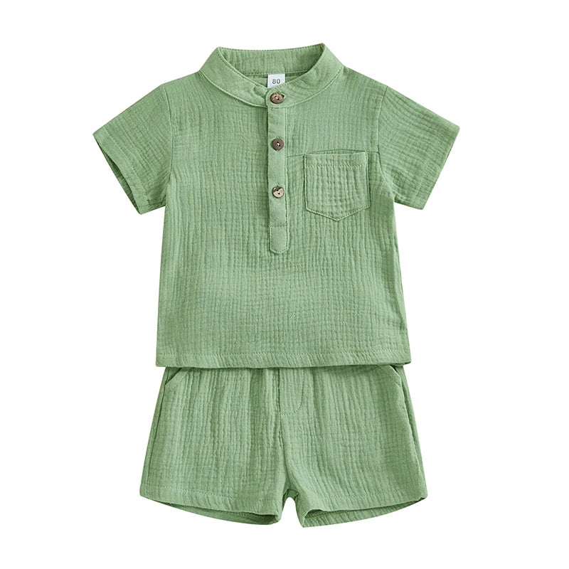 Lioraitiin Toddler Baby Boy Clothes Solid Color Cotton Gauze Button Up Short Sleeve Henley Shirts and Shorts Set Summer Outfits
