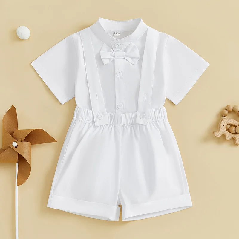 2024-12-04 Lioraitiin Summer Toddler Boys Clothes Set Gentleman Outfit Solid Color Short Sleeve Romper with Suspender Shorts Set