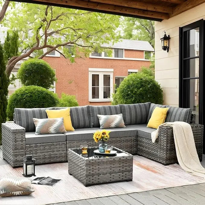 6 Pieces Patio Furniture Set Outdoor Sectional Sofa Couch with Comfy Cushions and Deep Seat, Modern Modular Wicker Rattan Set