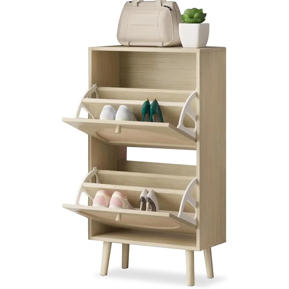Shoe Cabinet with 2 Flip Drawers, 2 Tier Freestanding Organizer, Rattan Storage Cupboard for Entryway, Hallway, Living Room