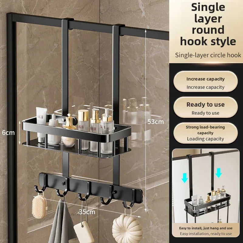 No-Drill Shower Caddy | Bathroom Glass Door Storage Basket | Towel Organizer Rack for Convenient Bathing Space