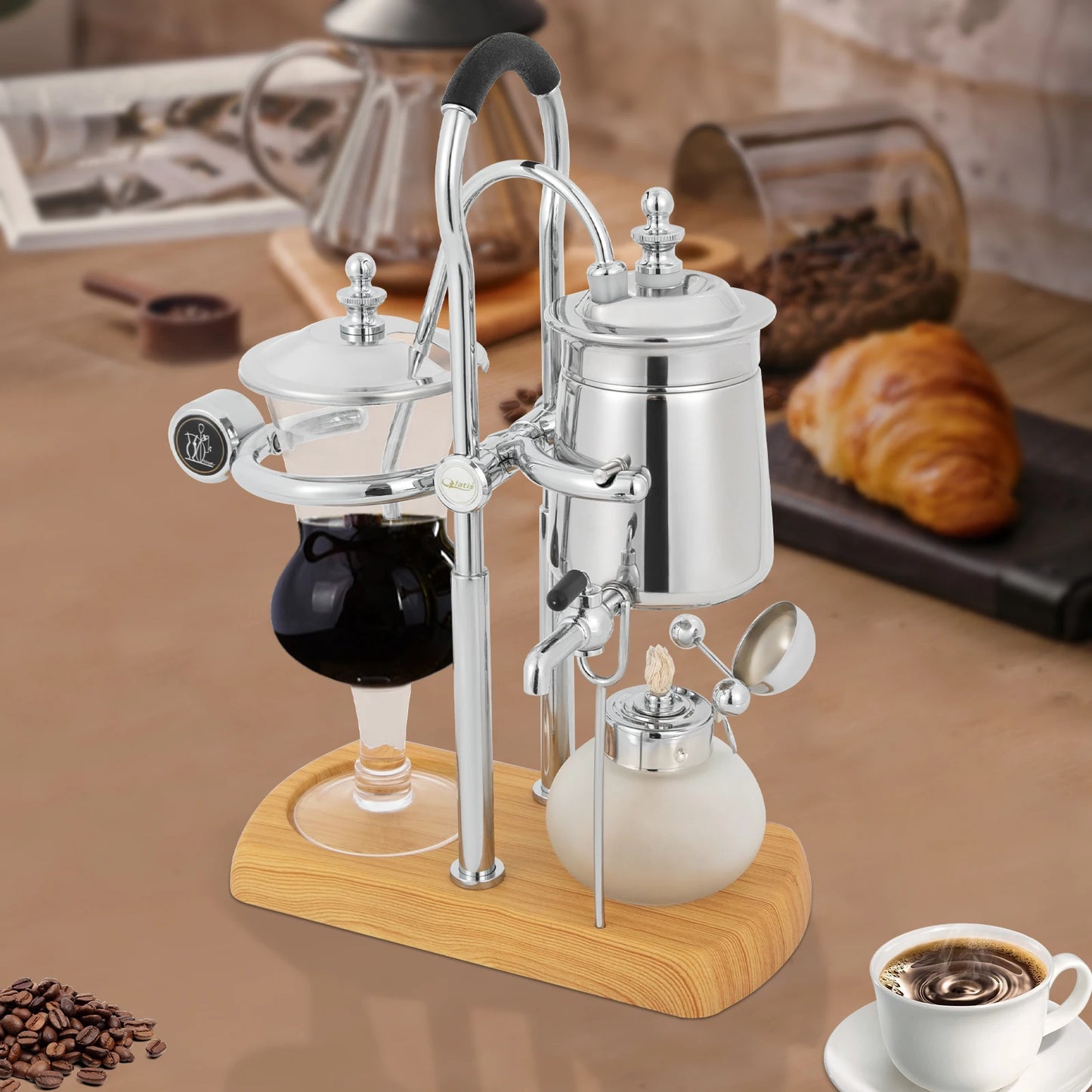 Retro Siphon Coffee Maker, 37Qt Capacity, Alcohol Lamp with Temperature Control, Plastic Filter for Pure Taste, Stainless