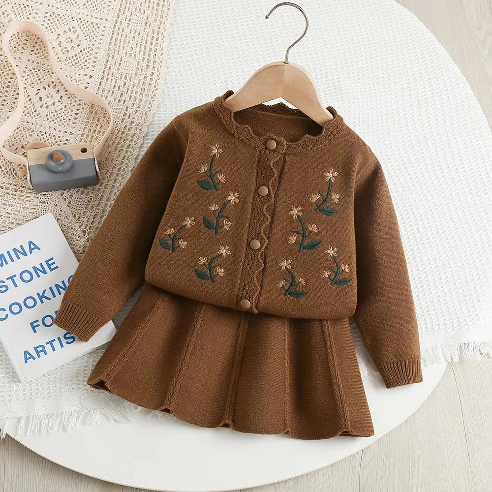 Baby Girl Clothes Girls Knitted Sweater Set Embroidered Flower Design Two-Piece Jacket And Pants Spring Autumn Korean Style