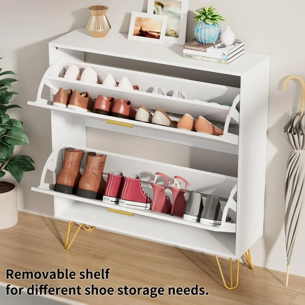 Shoe Storage Cabinet, Wood Organizer for Entryway with 3 Flip Drawers, Freestanding Rack & Adjustable Shelf, Narrow Dresser