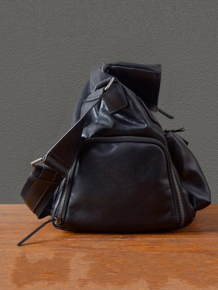 Retro Designer Men New Black Cowskin Genuine Leather Travel Bag Big Capacity Casual Tote Handbag Single Shoulder Crossbody Bag