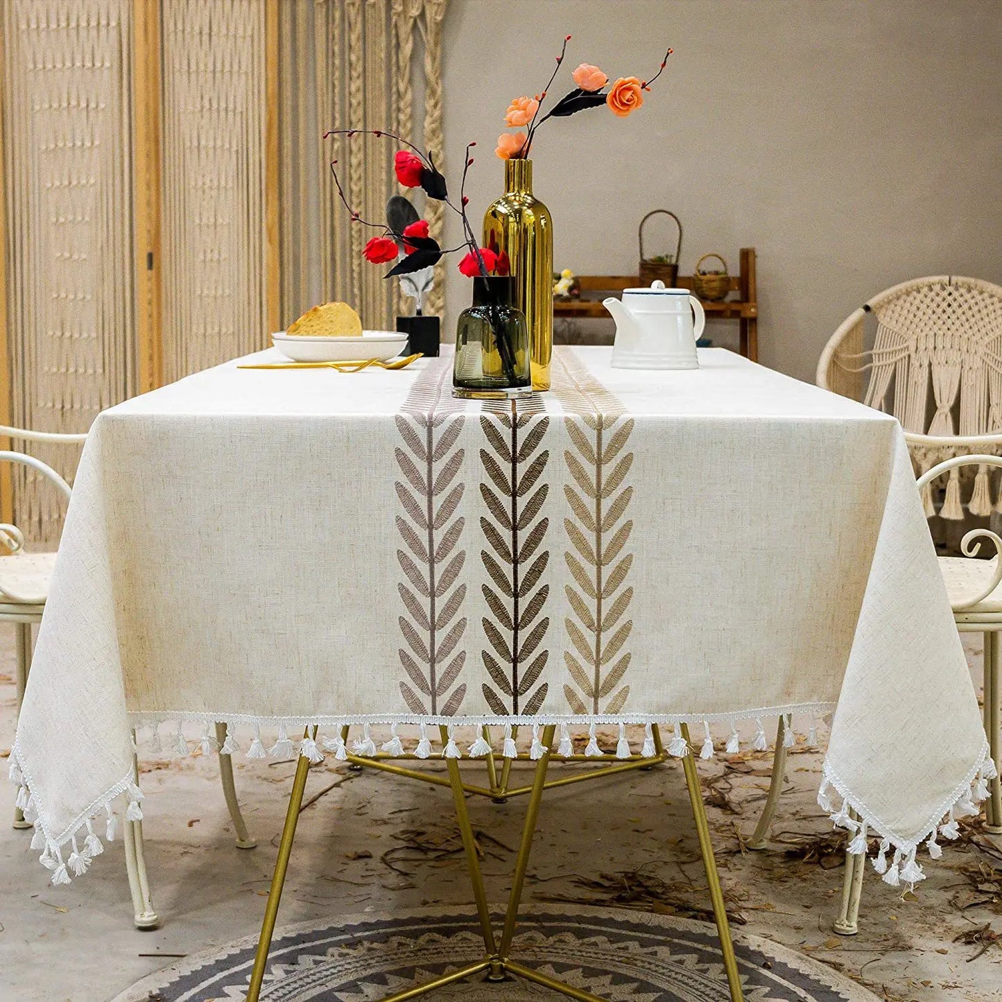 Embroidered Floral Pattern Tablecloth for Dining Table,Dust Proof Spillproof Soil Resistant Cotton Linen Rectangle Table Cover