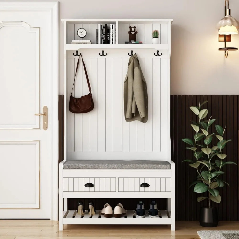 Entryway Hall Tree with Bench, Mudroom Coat Rack and Shoe Storage, Hanging Hooks, Mudroom Storage Organizer