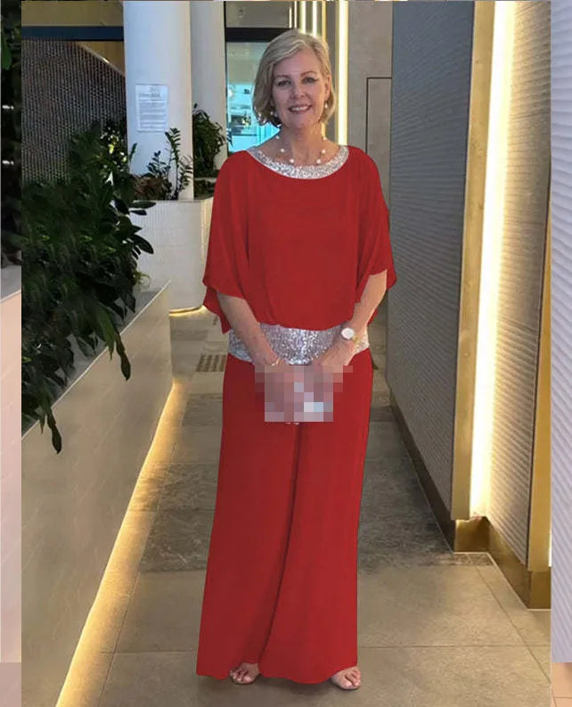 Women's Clothing 2024 Spring Autumn New Round Neck Fashionable Bright Color Bat Shirt Wide Leg Pants Half Sleeve Two-piece Set