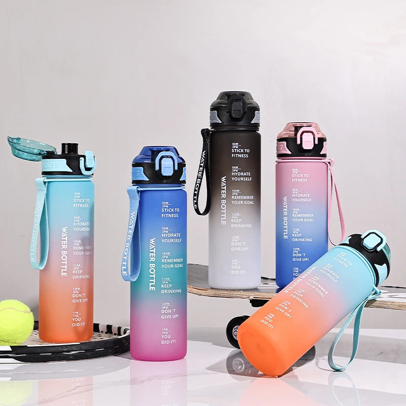 1L Water Bottle Leakproof Gradient Matte Motivational Water Bottle with Time Marker for Fitness Gym Camping Outdoor Sports