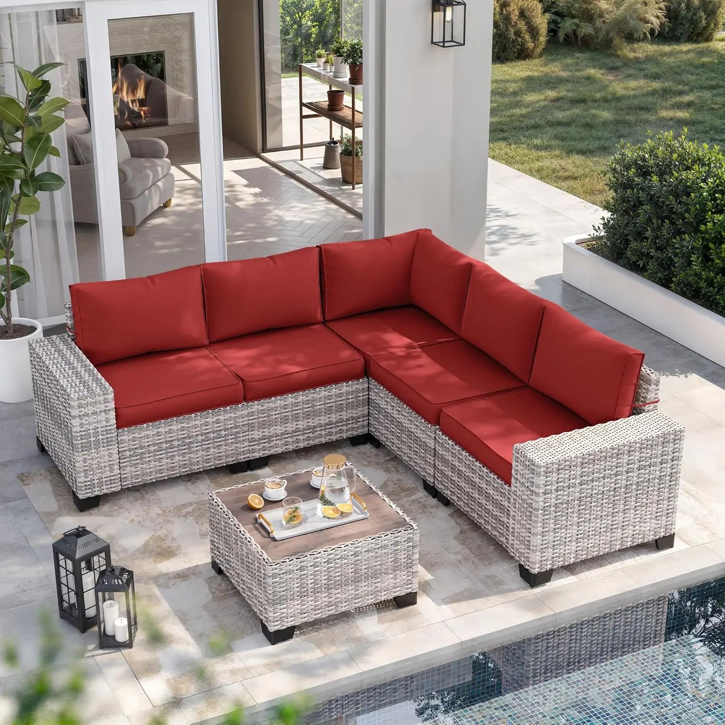 6-Piece Outdoor Patio Furniture Set Wicker Sectional Sofa Set, Patio Conversation Set with Thickened Cushions & Coffee Table